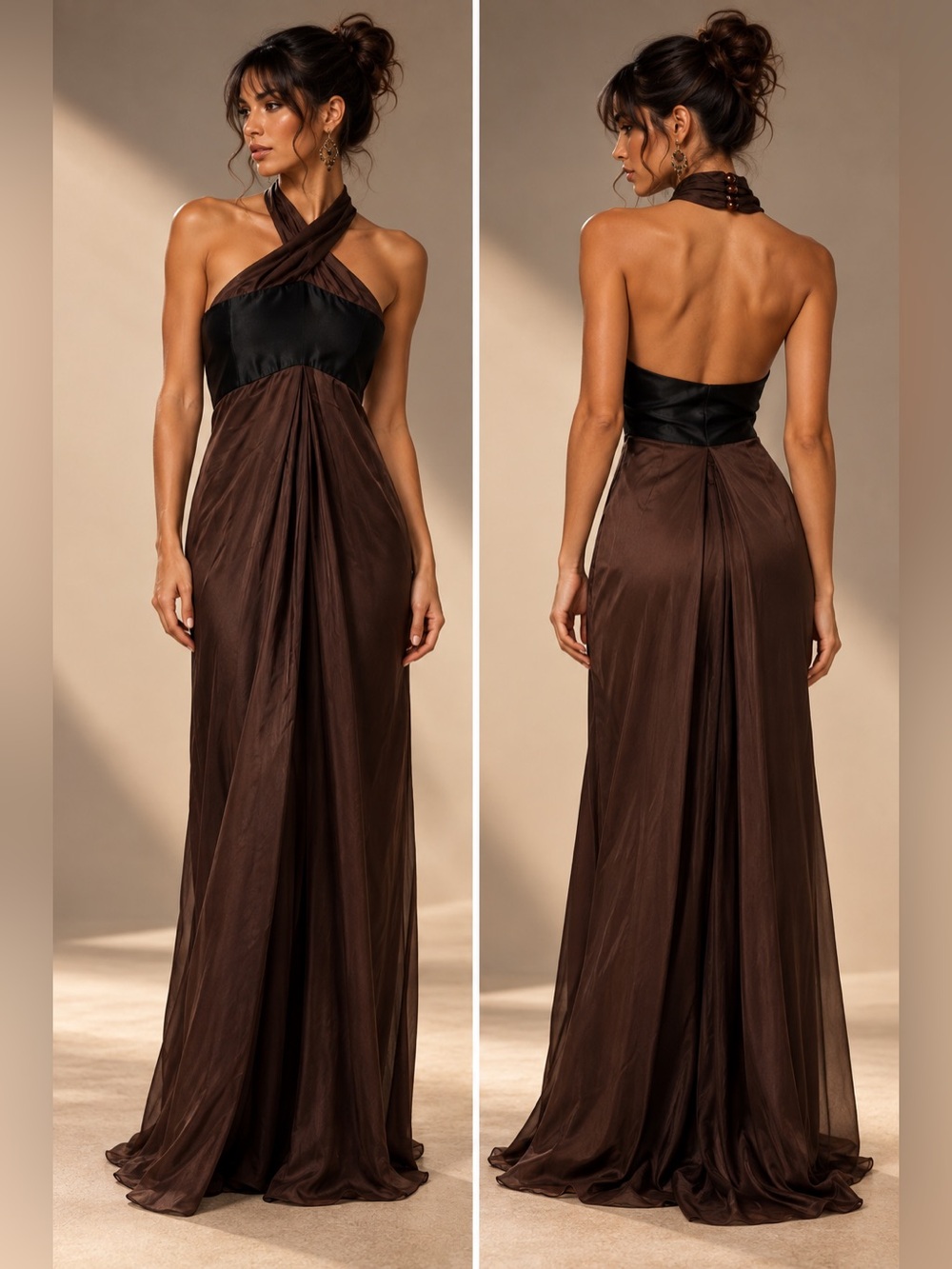 Vintage KENZO Defile Runway 100% Silk Halter Maxi Dress Brown Black Colorblock 8